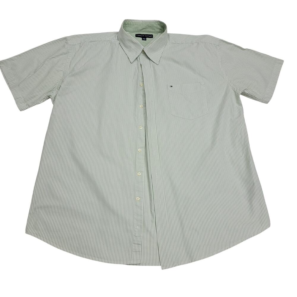 Tommy Hilfiger Mens XXL Green White Striped Short Sleeve Button Down Shirt